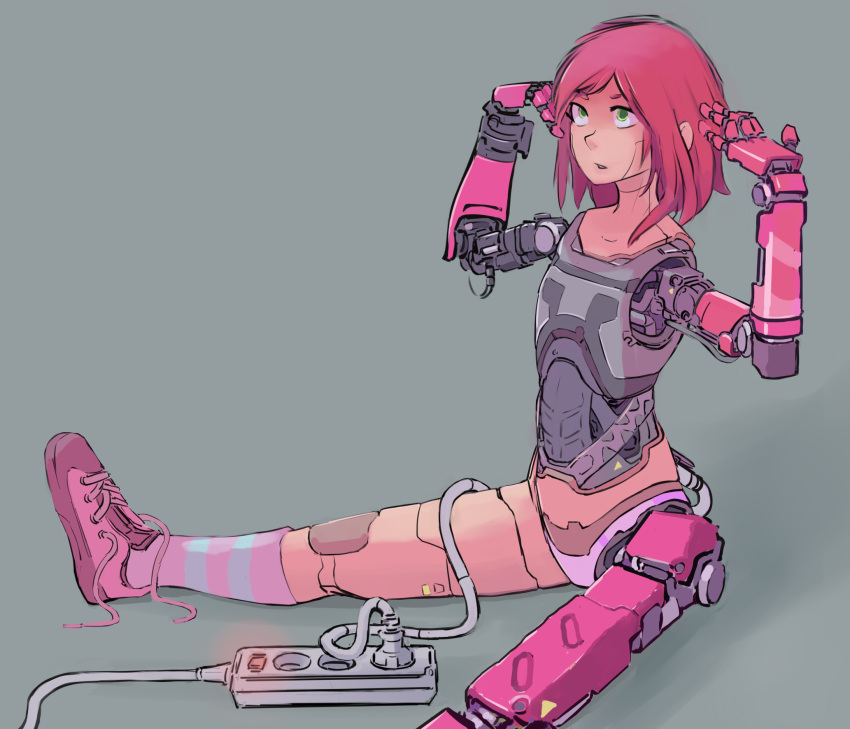 1girl android cable cyborg green_eyes grey_background highres mechanical_arm original parts_exposed pink_hair power_strip robot robot_joints shoes short_hair sneakers solo spread_legs striped striped_legwear untied_shoe
