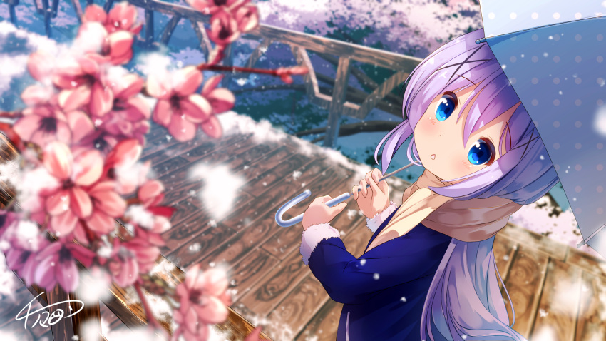 1girl absurdres blue_eyes blue_umbrella bridge chinomaron day eyebrows_visible_through_hair fur_trim gochuumon_wa_usagi_desu_ka? hair_between_eyes head_tilt highres holding holding_umbrella kafuu_chino long_hair open_mouth outdoors pink_flower polka_dot polka_dot_umbrella purple_hair scarf snowing solo standing umbrella very_long_hair yellow_scarf