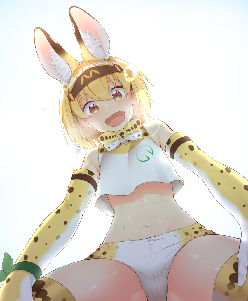 1girl animal_ears backlighting blush bow bowtie crop_top crop_top_overhang elbow_gloves excited from_below gloves green_ribbon hair_between_eyes headband heavy_breathing highres kemono_friends midriff navel pov ribbon serval_(kemono_friends) serval_ears serval_print shiny shiny_skin shirt sleeveless sleeveless_shirt solo sparkling_eyes wrist_ribbon yellow_bow yellow_bowtie yuzuhoge