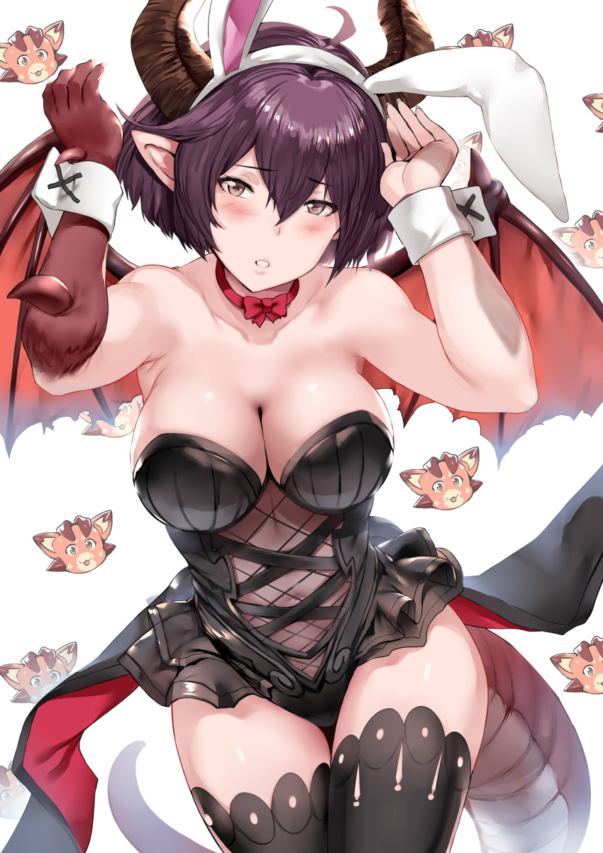 1girl absurdres ahoge animal_ears arms_up bare_shoulders black_legwear blush bow bowtie breasts bunnysuit cleavage commentary_request crossover dragon_girl dragon_horns dragon_tail dragon_wings fake_animal_ears female granblue_fantasy grea_(shingeki_no_bahamut) hews_hack highres horns large_breasts leotard looking_at_viewer navel open_mouth pointy_ears purple_hair rabbit_ears see-through shingeki_no_bahamut short_hair simple_background solo tail thigh-highs vee_(granblue_fantasy) white_background wings wrist_cuffs