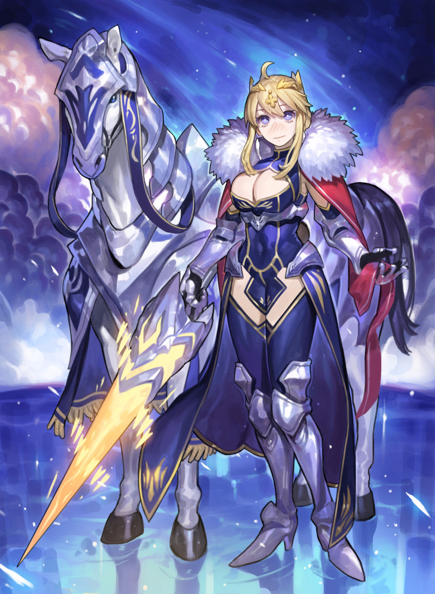 1girl absurdres ahoge animal armor artoria_pendragon_(all) artoria_pendragon_(lancer) blonde_hair blush braid breasts cleavage crown dun_stallion fate/grand_order fate_(series) full_body fur_trim gauntlets green_eyes highres horse large_breasts long_hair looking_at_viewer night sidelocks smile sohn_woohyoung solo