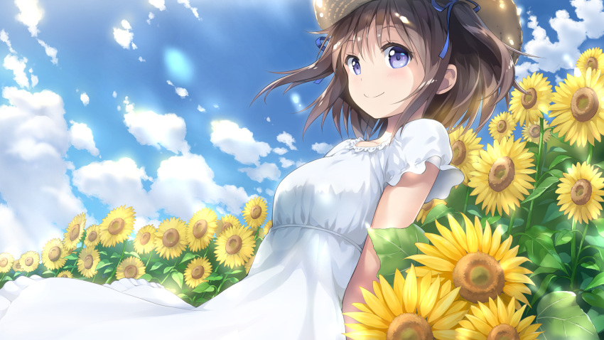 1girl blue_eyes blue_ribbon blush breasts brown_hair closed_mouth dress eyebrows_visible_through_hair flower hair_ribbon highres large_breasts looking_at_viewer original remiina_(reming185) ribbon short_hair smile sunflower white_dress