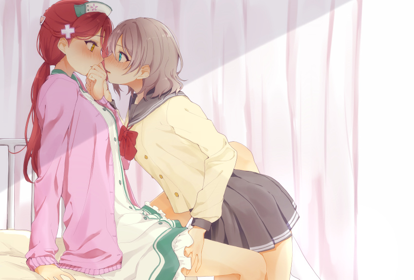 2girls aqua_eyes azuma_(no488888) between_legs blush bow bowtie cardigan double-breasted dress face-to-face grey_hair hair_ornament hairclip half_updo hand_on_another's_face hand_on_another's_thigh hand_to_own_mouth hat highres infirmary long_hair long_sleeves love_live! love_live!_sunshine!! low_ponytail multiple_girls nurse nurse_cap pink_cardigan pleated_skirt ponytail red_bow red_bowtie redhead sakurauchi_riko school_uniform serafuku short_hair sitting skirt watanabe_you x_hair_ornament yellow_eyes yuri