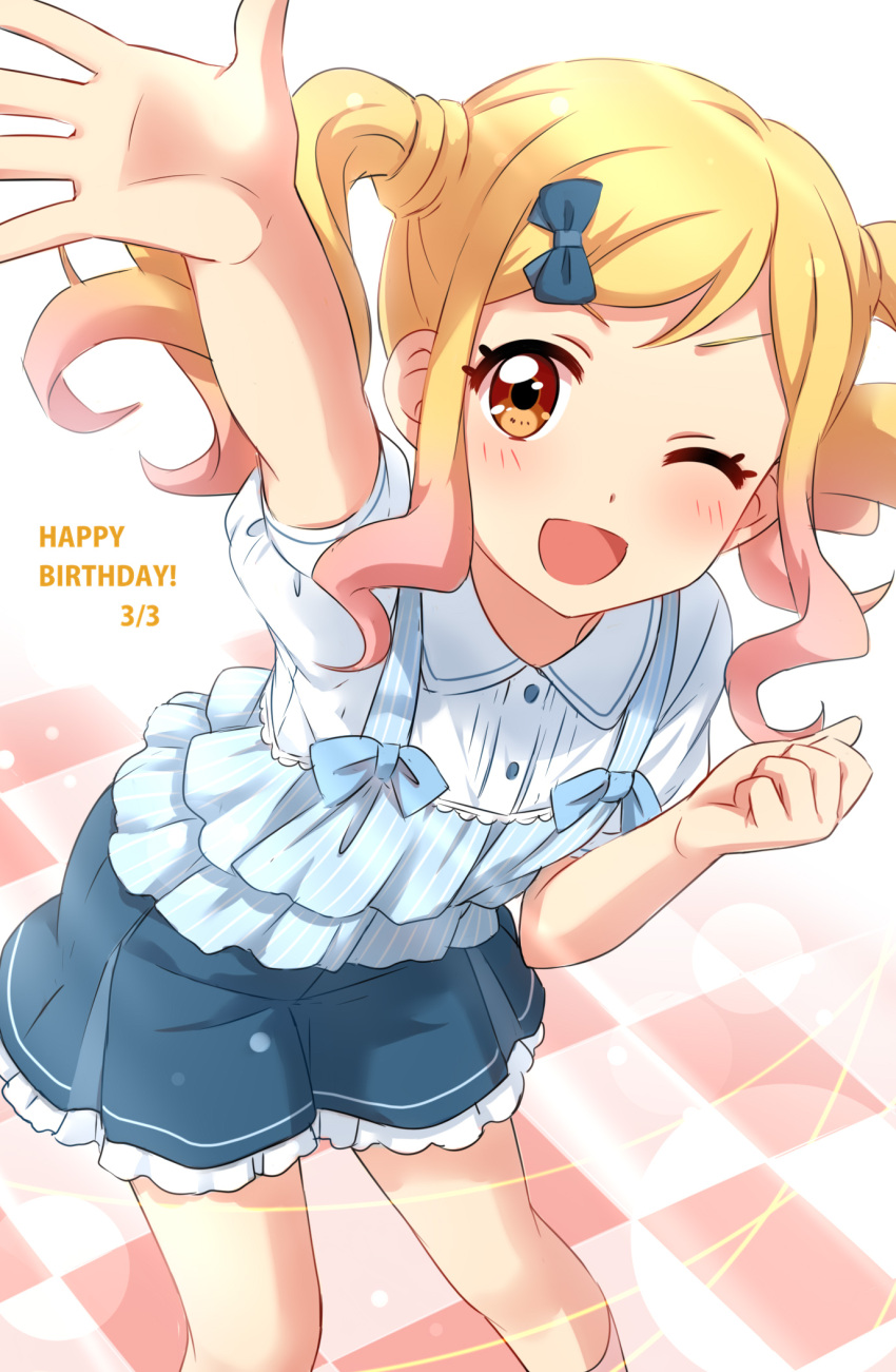 &gt;:d 1girl :d aikatsu! blue_ribbon blue_shirt blue_skirt blush brown_eyes buttons character_request checkered checkered_floor feet_out_of_frame frilled_shirt frilled_skirt frills gradient_hair hair_ribbon happy_birthday highres looking_at_viewer multicolored_hair one_eye_closed open_hand open_mouth outstretched_arm pink_hair ribbon sekina shirt short_sleeves skirt smile solo twintails waving