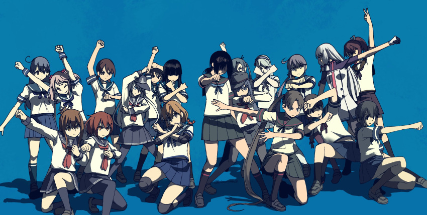 6+girls ahoge akatsuki_(kantai_collection) akebono_(kantai_collection) amagiri_(kantai_collection) anchor_symbol ayanami_(kantai_collection) bandaid black_eyes black_hair black_legwear braid brown_eyes brown_hair clenched_hand crab_on_shoulder elbow_pads flat_cap folded_ponytail fubuki_(kantai_collection) glasses grey_hair hair_ornament hair_over_eyes hat hatsuyuki_(kantai_collection) headband hibiki_(kantai_collection) highres ikazuchi_(kantai_collection) inazuma_(kantai_collection) isonami_(kantai_collection) kantai_collection knee_pads kneehighs long_hair masukuza_j miyuki_(kantai_collection) multiple_girls murakumo_(kantai_collection) neckerchief oboro_(kantai_collection) one_knee pantyhose pleated_skirt ponytail pose red_neckerchief remodel_(kantai_collection) sagiri_(kantai_collection) sazanami_(kantai_collection) school_uniform serafuku shikinami_(kantai_collection) shirayuki_(kantai_collection) short_hair side_ponytail silver_hair skirt thigh-highs uranami_(kantai_collection) ushio_(kantai_collection) v very_long_hair x_arms