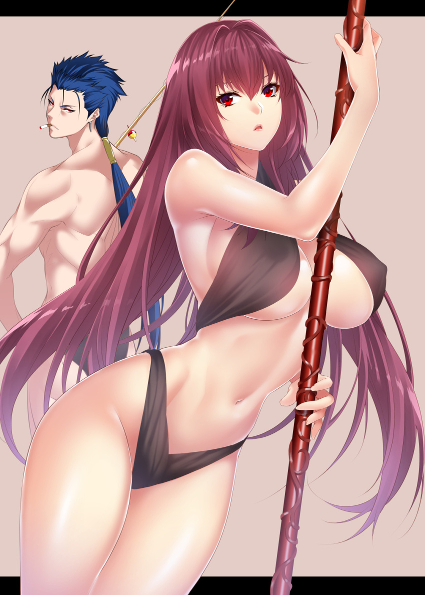 1boy 1girl bangs bare_arms bare_shoulders bare_thighs bikini black_bikini blue_hair breasts cigarette cleavage cowboy_shot earrings erect_nipples eyebrows eyebrows_behind_hair eyelashes fate/grand_order fate_(series) fingernails fishing_rod from_behind gae_bolg groin hair_between_eyes hair_intakes hair_tie hand_up highleg highleg_swimsuit highres holding holding_spear holding_weapon jewelry lancer large_breasts legs_together long_bangs long_hair looking_at_viewer looking_back low_ponytail midriff mouth_hold navel parted_lips pink_lips polearm purple_hair scathach_(fate/grand_order) shiny shiny_skin spear standing stomach swimsuit thighs very_long_hair violet_eyes weapon zucchini