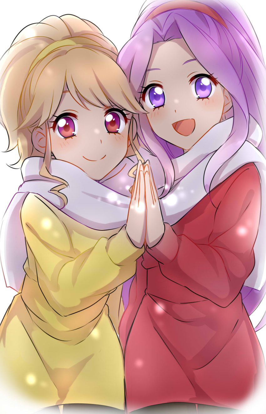 2girls :d absurdres aikatsu! bangs blonde_hair blue_eyes blush character_request closed_mouth cowboy_shot dress hand_on_another's_hand highres long_hair long_sleeves looking_at_viewer medium_hair multicolored multicolored_eyes multiple_girls open_mouth palms_together ponytail purple_hair red_dress red_eyes scarf sekina simple_background smile standing violet_eyes white_background yellow_dress