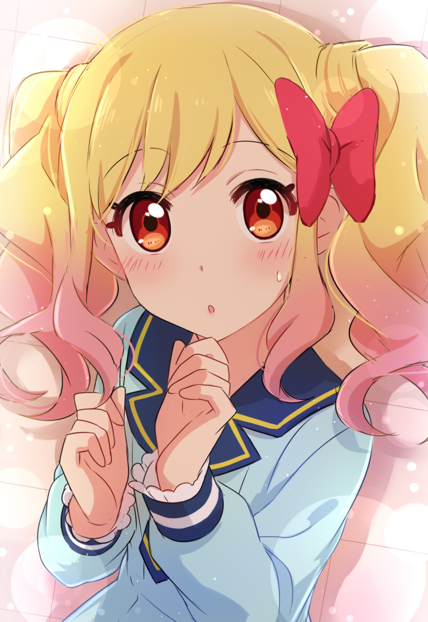 1girl :o aikatsu! bangs blonde_hair blue_shirt blush character_request close-up eyebrows_visible_through_hair gradient_hair hand_on_own_chin highres long_sleeves looking_at_viewer multicolored_hair parted_lips pink_hair red_eyes sekina shirt solo sweatdrop twintails upper_body