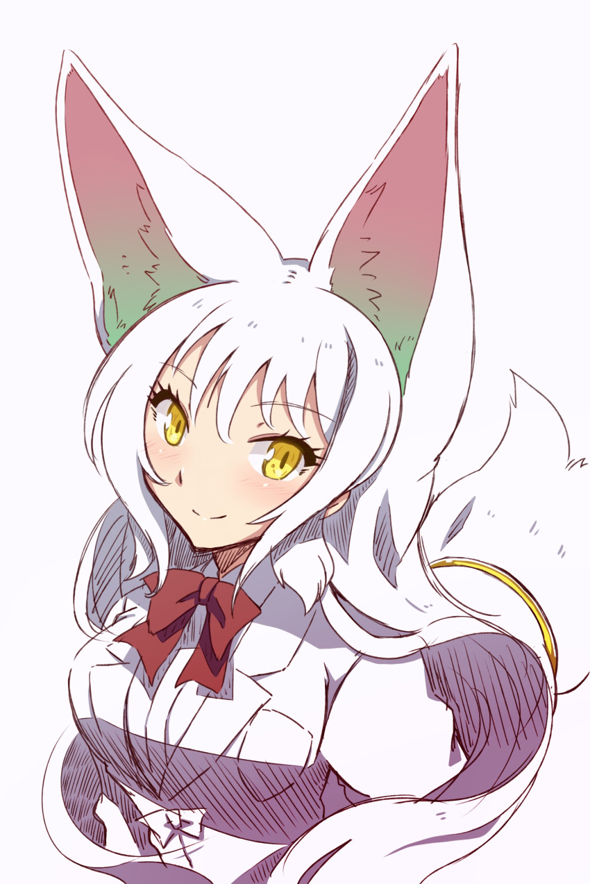 1girl absurdres animal_ears blush breasts extra_ears fox_ears fox_tail highres kemono_friends long_hair looking_at_viewer oinari-sama_(kemono_friends) sakuragi_rian simple_background solo tail upper_body white_background yellow_eyes