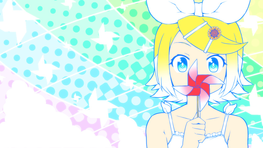 1girl bare_shoulders blonde_hair blue_eyes bow collarbone commentary_request covered_mouth flower hair_bow hair_flower hair_ornament hairclip kagamine_rin looking_at_viewer pinwheel portrait shirosato short_hair sleeveless solo sunflower_hair_ornament vocaloid