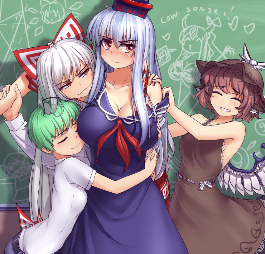 4girls animal_ears antennae belt bird_wings blush bow bra breasts brown_dress chalkboard cleavage commentary dress earrings fujiwara_no_mokou green_hair hair_bow hair_in_mouth hair_ribbon hat hater_(hatater) highres hoop_earrings jewelry kamishirasawa_keine large_breasts long_hair long_sleeves looking_at_viewer medium_breasts multiple_girls mystia_lorelei off_shoulder pointy_ears purple_dress red_bra red_eyes ribbon shirt short_hair short_sleeves sleeveless sleeveless_dress small_breasts smile touhou underwear very_long_hair white_hair white_shirt wings wriggle_nightbug