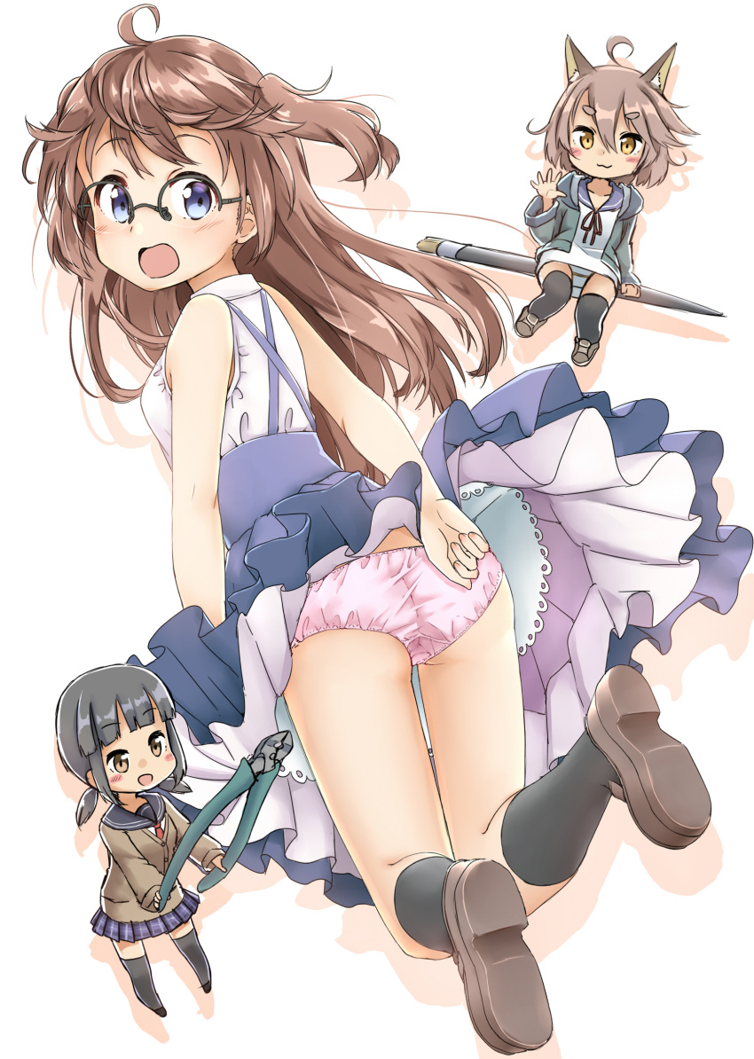 3girls :3 :d :o ahoge amemiya_sekira animal_ears aqua_jacket art_brush bangs bare_arms bare_shoulders black-framed_eyewear black_hair black_legwear blue_eyes blue_skirt blunt_bangs blush blush_stickers brown_eyes brown_hair brown_shoes cardigan chibi collared_shirt commentary_request dress eyebrows_visible_through_hair fox_ears glasses hair_between_eyes hand_up high-waist_skirt highres holding jacket kneehighs loafers long_hair looking_at_viewer looking_back low_twintails multiple_girls neck_ribbon necktie open_clothes open_jacket open_mouth original over-rim_glasses paintbrush panties pantyshot pantyshot_(sitting) pink_panties pleated_skirt pliers red_necktie red_ribbon ribbon sailor_dress school_uniform sekira_ame semi-rimless_glasses serafuku shirt shoes short_hair sidelocks simple_background sitting skirt skirt_lift sleeveless sleeveless_shirt smile standing suspender_skirt suspenders thick_eyebrows thigh-highs twintails two_side_up underwear waving white_background white_dress white_panties white_shirt wind wind_lift yellow_eyes yukimura_kabosu