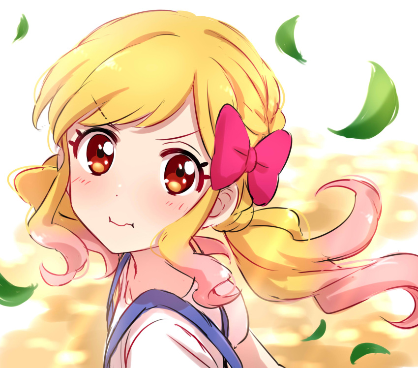 1girl :s aikatsu! bangs blonde_hair blush close-up closed_mouth dot_nose eyebrows_visible_through_hair from_side gradient_hair hair_ribbon highres leaf long_hair looking_at_viewer looking_to_the_side multicolored_hair outdoors pink_hair pink_ribbon pout red_eyes ribbon sekina shirt short_sleeves solo suspenders white_shirt