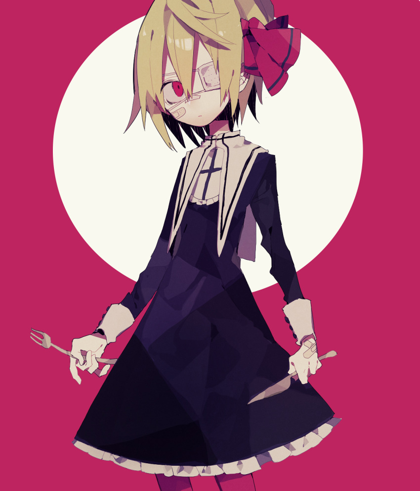 1girl bandaid black_dress blonde_hair dress eyepatch fork hair_between_eyes hair_ribbon higa423 highres holding knife looking_at_viewer red_background red_eyes red_ribbon ribbon rumia short_hair solo touhou