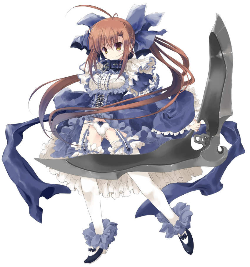 1girl ahoge ankle_cuffs black_shoes blue_bow blue_dress boomerang bow bow_panties brown_hair dress expressionless flower_knight_girl frills full_body hair_bow highres holding long_hair looking_at_viewer misumisou_(flower_knight_girl) official_art oversized_object panties sca_di shoes solo thigh-highs thigh_strap twintails underwear white_background white_legwear white_panties yellow_eyes