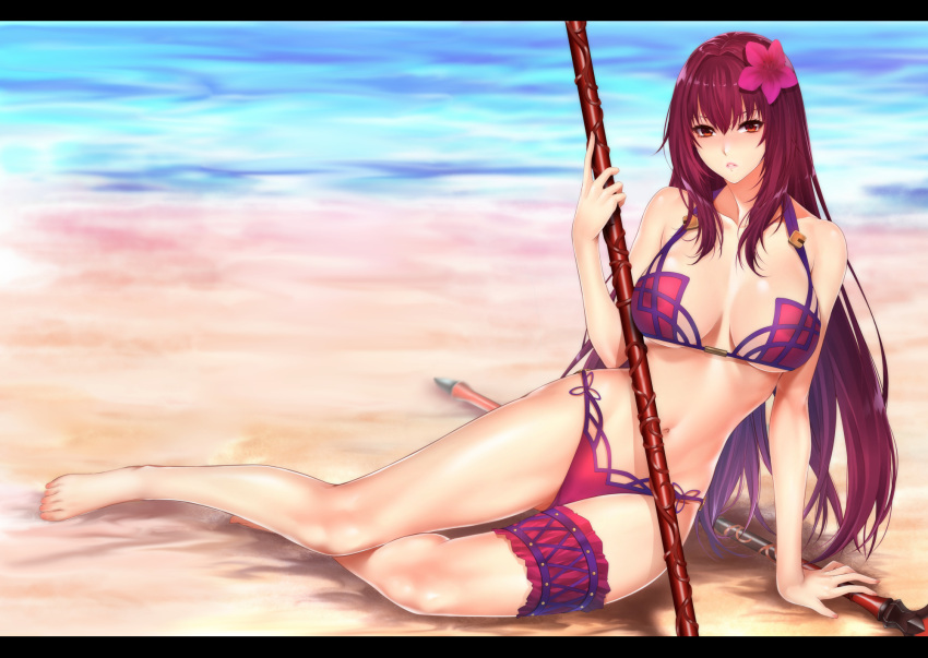 1girl adapted_costume arm_at_side arm_support bangs bare_arms bare_shoulders bikini breasts cleavage collarbone day fate/grand_order fate_(series) fingernails flower gae_bolg hair_between_eyes hair_flower hair_intakes hair_ornament hand_up hibiscus highres holding holding_weapon jewelry large_breasts legs_together letterboxed lips long_fingernails long_hair looking_at_viewer lying makeup midriff nail_polish navel on_side outdoors parted_lips pink_bikini pink_flower pink_lips pink_nails planted_spear planted_weapon polearm purple_bikini purple_hair red_eyes scathach_(fate/grand_order) scathach_(swimsuit_assassin)_(fate) sidelocks sitting smile solo spear stomach strap_gap string_bikini swimsuit under_boob very_long_hair water weapon yokozuwari zucchini