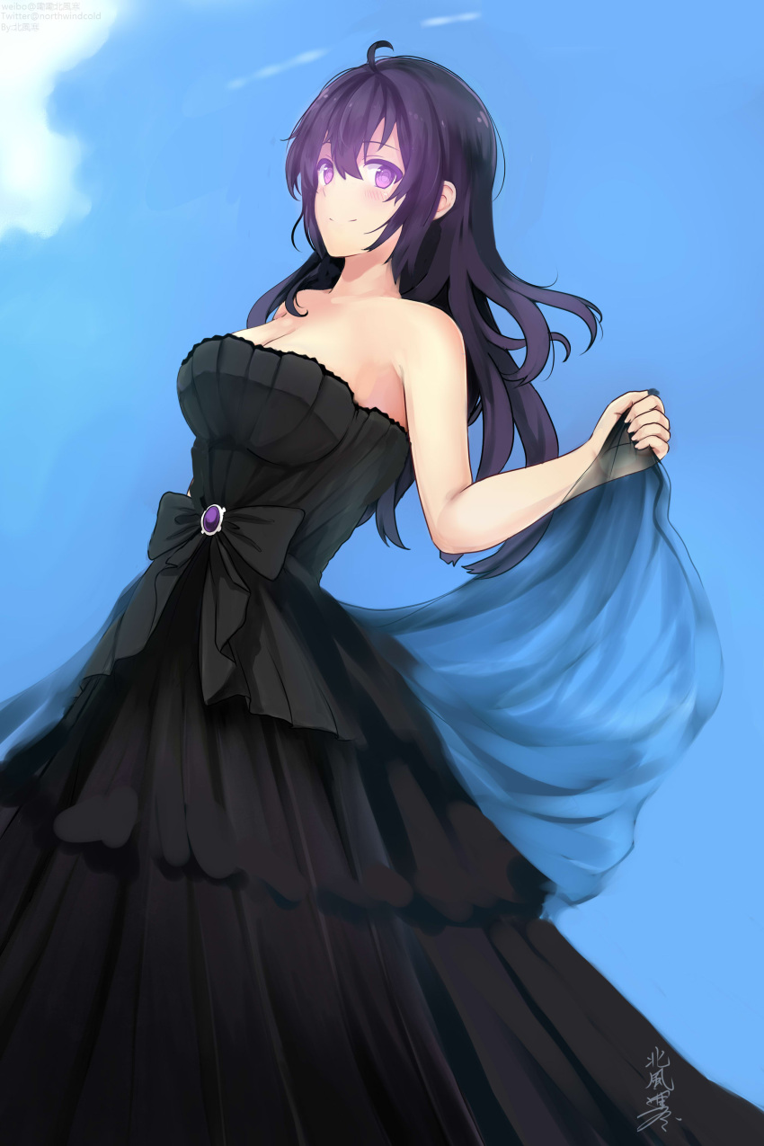 1girl absurdres artist_name bare_shoulders beifeng_han black_dress black_hair blush breasts cleavage closed_mouth dress eyebrows_visible_through_hair glowing glowing_eyes highres large_breasts long_hair looking_at_viewer miyaura_sanshio original signature smile solo violet_eyes