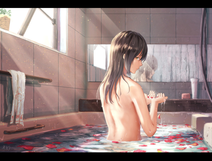 1girl artist_name bangs bath bathing bathroom brown_eyes brown_hair closed_mouth cupping_hands day from_behind highres indoors k_ryo letterboxed light_rays long_hair looking_at_viewer looking_back mirror nude original petals profile reflection shoulder_blades sidelocks signature solo sunbeam sunlight wet wet_hair