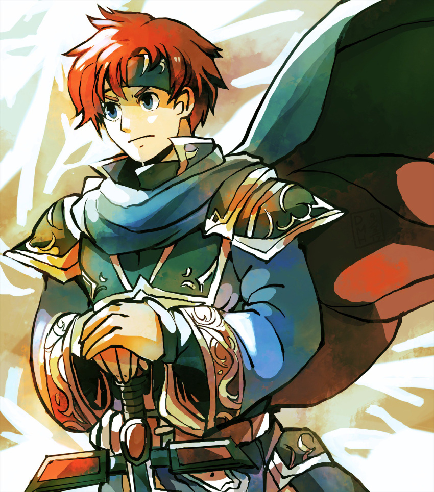 1boy armor blue_eyes cape cosplay durandal_(fire_emblem) eliwood_(fire_emblem) eliwood_(fire_emblem)_(cosplay) fire_emblem fire_emblem:_fuuin_no_tsurugi fire_emblem:_rekka_no_ken fire_emblem_heroes headband highres holding holding_weapon male_focus redhead roy_(fire_emblem) short_hair solo sword weapon