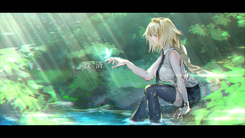 1girl absurdres arm_support blonde_hair blue_eyes bracelet braid breasts butterfly fate/apocrypha fate_(series) highres jewelry large_breasts necktie partially_submerged pool profile rolua ruler_(fate/apocrypha) single_braid solo thigh-highs zettai_ryouiki