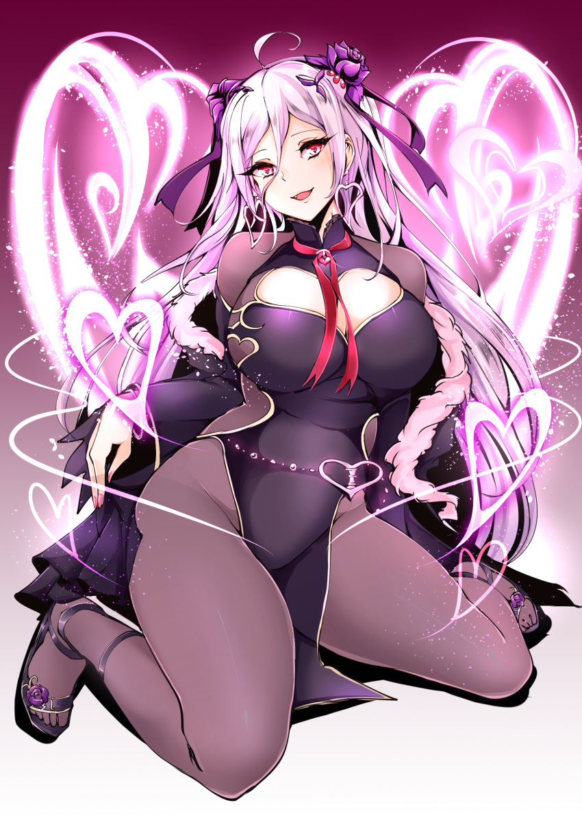 1girl absurdres agetama ahoge breasts cleavage divine_gate earrings flower full_body hair_flower hair_ornament hair_ribbon heart heart-shaped_pupils heart_earrings highres horns jewelry large_breasts long_hair looking_at_viewer nail_polish neck_ribbon no_panties pelvic_curtain pink_eyes pink_nails purple_hair purple_ribbon purple_rose red_ribbon ribbon rose sandals sitting smile solo symbol-shaped_pupils toenail_polish