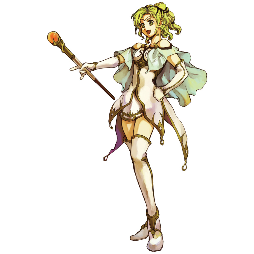 1girl boots elbow_gloves female fire_emblem fire_emblem:_seima_no_kouseki fire_emblem_sacred_stones full_body gloves green_eyes green_hair hand_on_hip highres holding holding_staff l'arachel official_art open_mouth ponytail simple_background skirt smile solo staff standing thigh-highs thigh_boots thighhighs white_background zettai_ryouiki