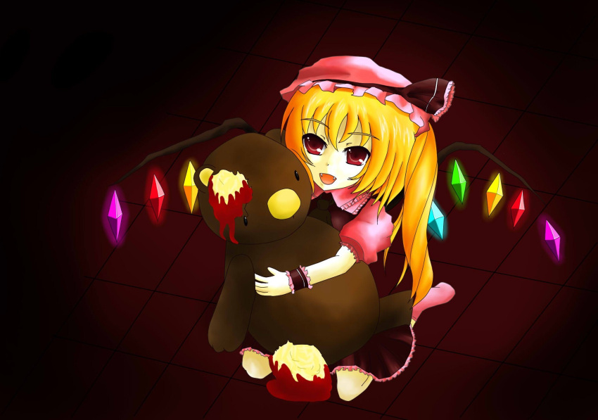 bleeding blood flandre_scarlet hat hat_ribbon hat_ribbons highres injury kneeling red_eyes ribbon ribbons saitou_senyou stuffed_animal stuffed_toy teddy_bear touhou wings