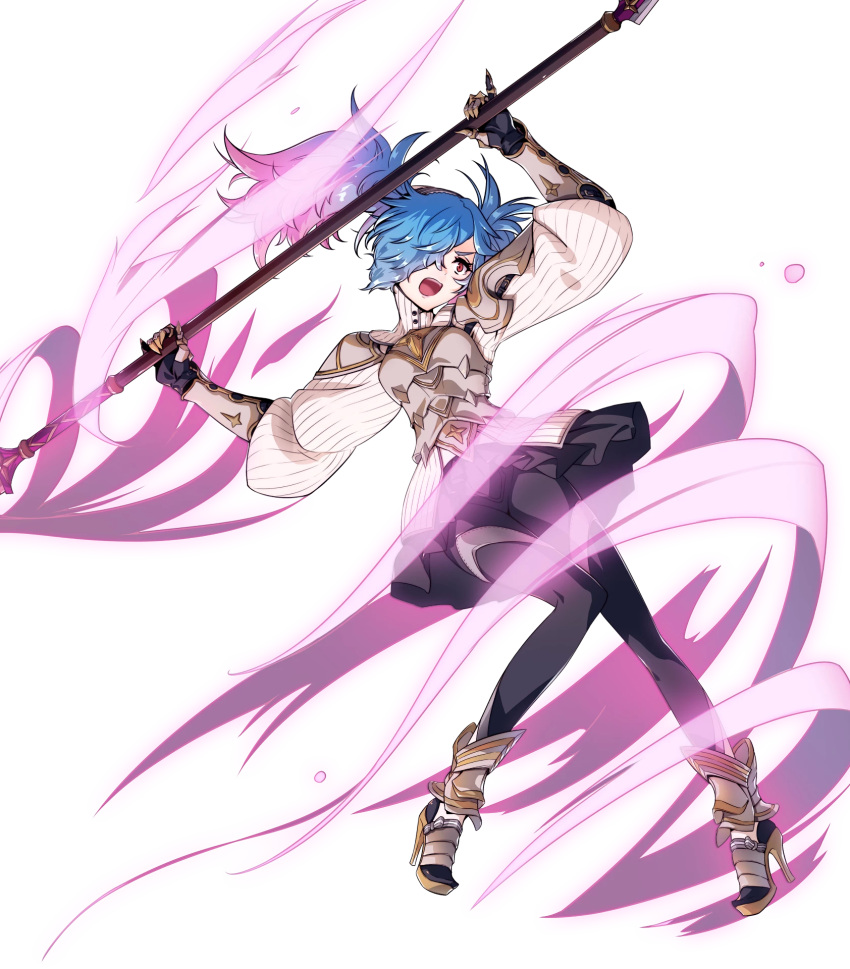 1girl armor blue_hair boots fire_emblem fire_emblem_heroes fire_emblem_if full_body gloves hair_over_one_eye high_heels highres multicolored_hair official_art open_mouth pieri_(fire_emblem_if) pink_hair polearm red_eyes solo spear takagi_masafumi teeth transparent_background two-tone_hair weapon