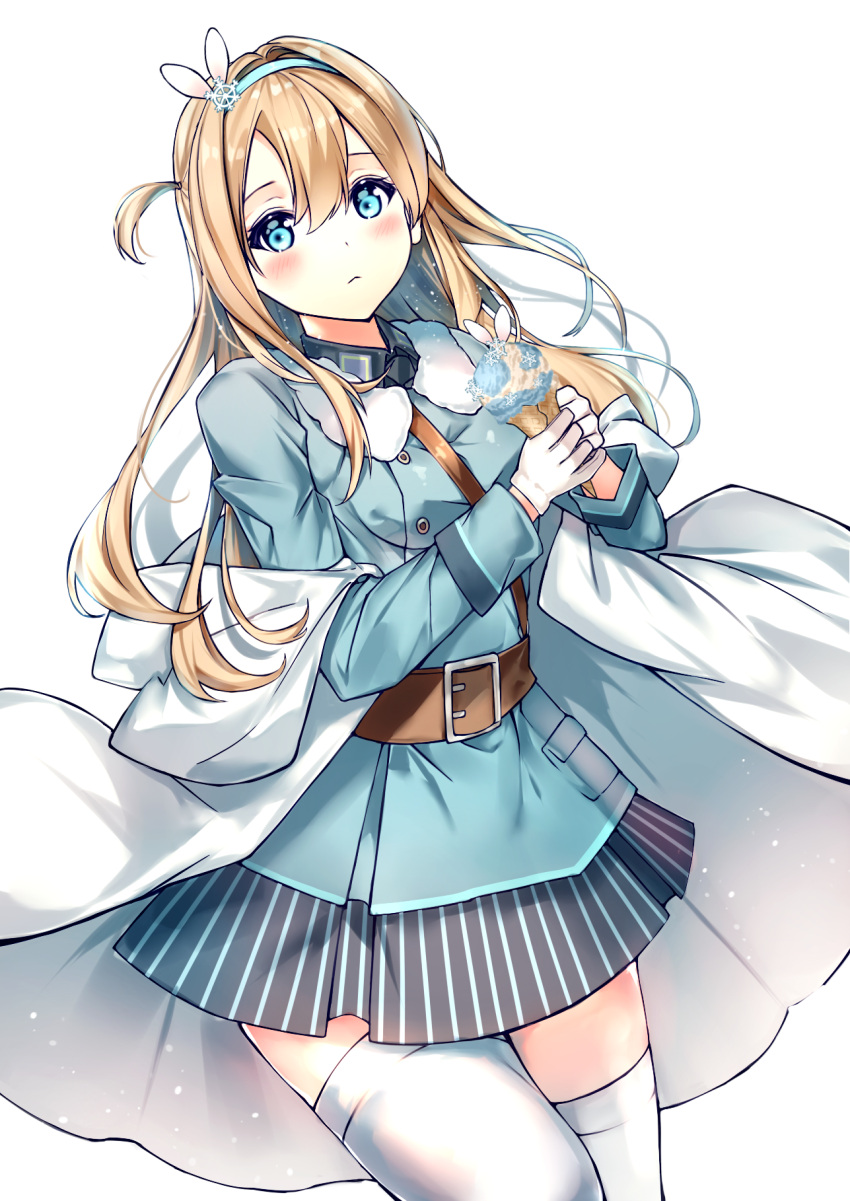1girl :&lt; belt blonde_hair blue_eyes blue_hairband blue_shirt blush cape cowboy_shot food girls_frontline gloves hair_intakes hairband highres holding holding_food ice_cream lium long_hair looking_at_viewer shirt skirt snowflakes solo striped suomi_kp31_(girls_frontline) thigh-highs vertical-striped_skirt vertical_stripes white_background white_cape white_gloves white_legwear