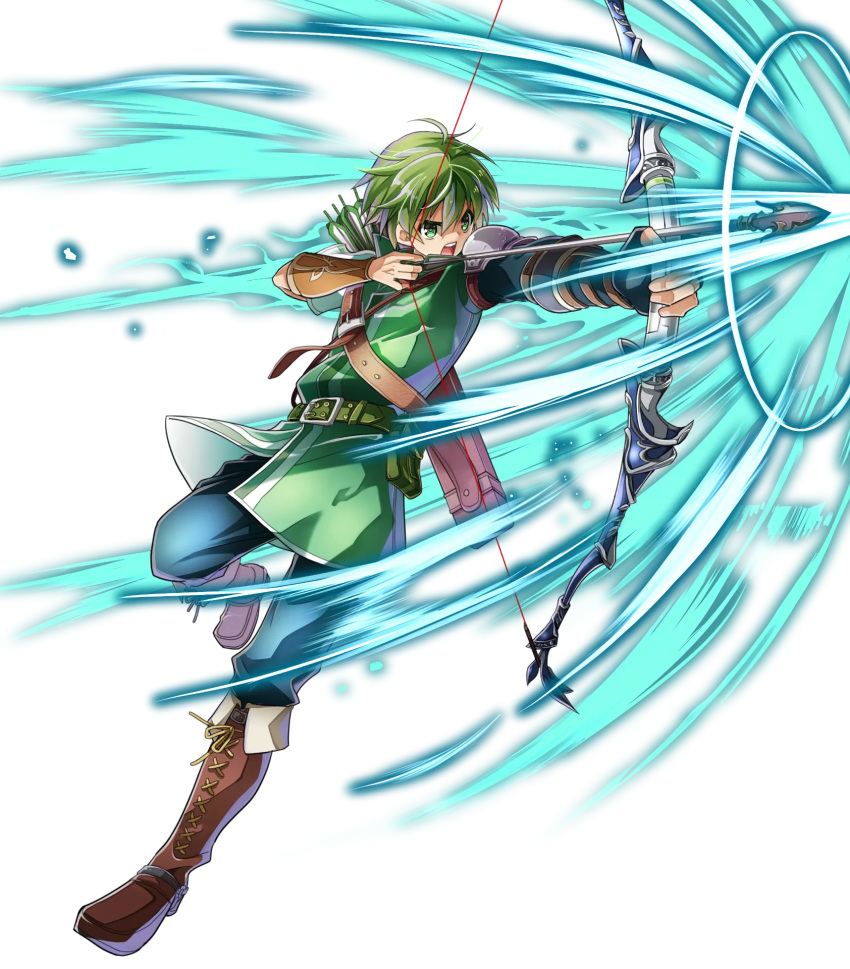 1boy arrow belt boots bow_(weapon) fingerless_gloves fire_emblem fire_emblem:_mystery_of_the_emblem fire_emblem_heroes full_body gloves gordon_(fire_emblem) green_eyes green_hair highres itagaki_hako male_focus official_art open_mouth quiver solo teeth transparent_background weapon