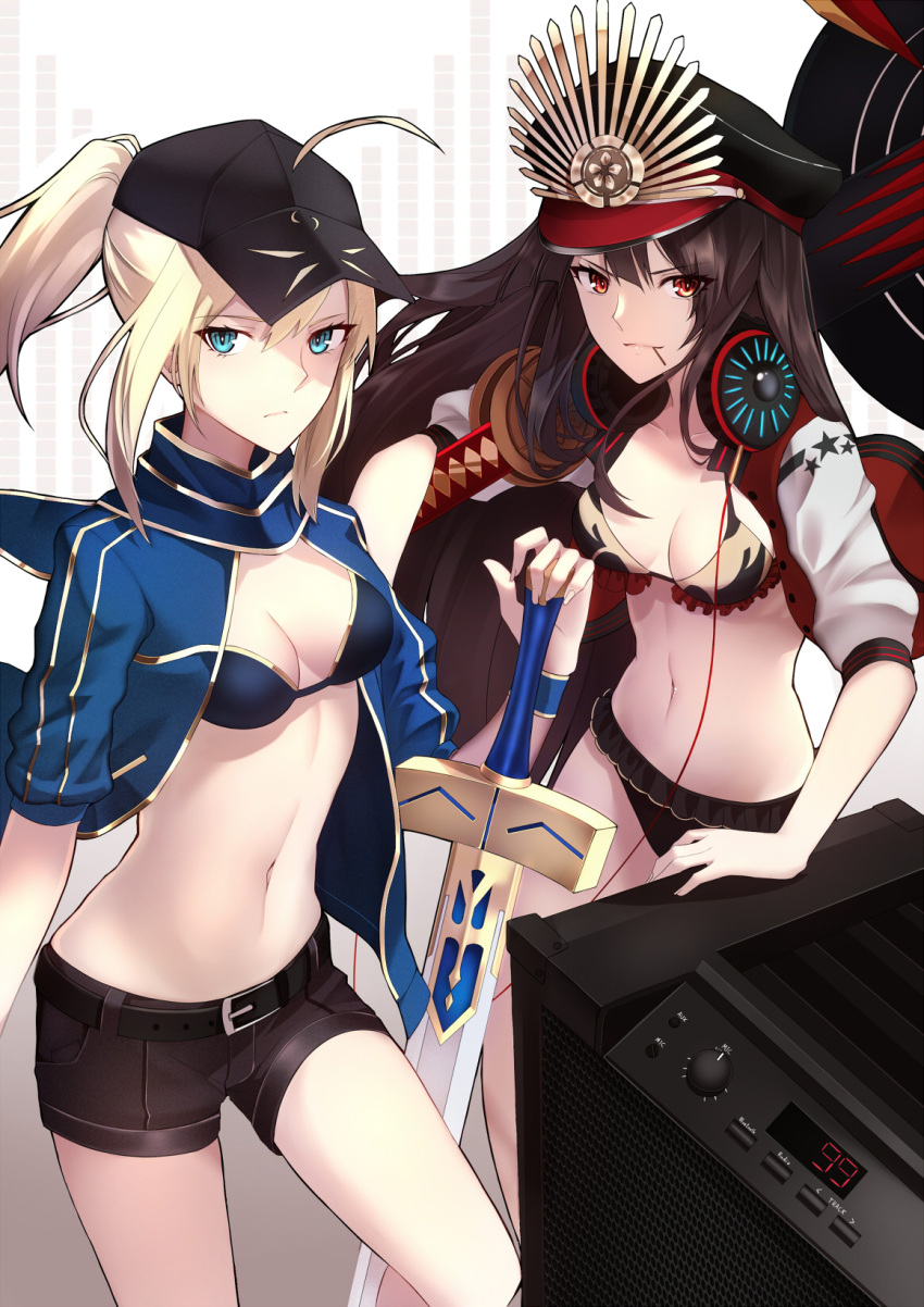 2girls amplifier artoria_pendragon_(all) bangs belt bikini black_bikini black_hair black_shorts blonde_hair blue_eyes breasts closed_mouth collarbone demon_archer eyebrows_visible_through_hair fate/grand_order fate_(series) frilled_bikini frills gradient gradient_background hat headphones headphones_around_neck highres holding holding_sword holding_weapon jacket letterman_jacket long_hair looking_at_viewer medium_breasts mouth_hold multiple_girls mysterious_heroine_x navel oda_nobunaga_(swimsuit_berserker)_(fate) open_clothes open_jacket open_track_jacket peaked_cap planted_sword planted_weapon ponytail red_eyes shiguru shorts smile standing swimsuit sword thighs weapon