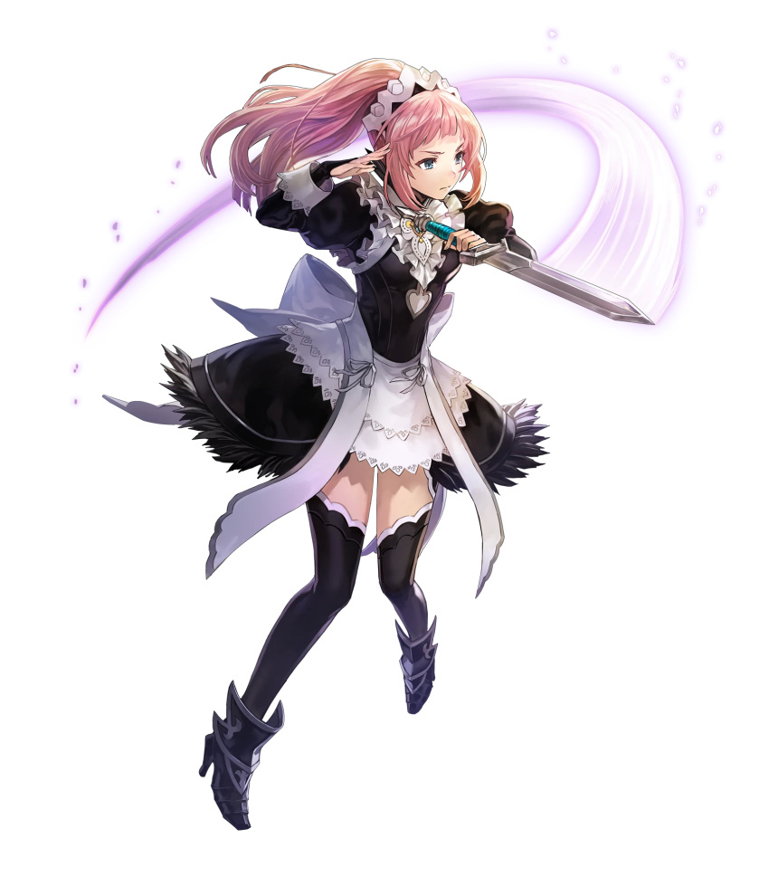 1girl ankle_boots blue_eyes boots dagger detached_sleeves felicia_(fire_emblem_if) fire_emblem fire_emblem_heroes fire_emblem_if full_body gem hakou_(barasensou) high_heels highres holding holding_weapon juliet_sleeves long_hair long_sleeves maid maid_headdress official_art open_mouth pink_hair ponytail puffy_sleeves ribbon smile solo thigh-highs transparent_background weapon zettai_ryouiki