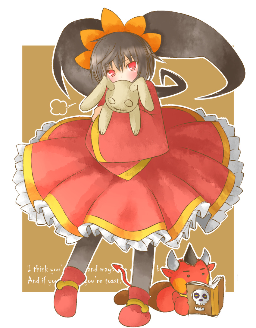 1girl ashley_(warioware) bangs black_hair black_legwear blush book commentary_request covering_mouth demon dress english eyebrows_visible_through_hair frilled_dress frills full_body hair_between_eyes hairband highres holding holding_stuffed_animal long_hair long_sleeves lying non_(wednesday-classic) on_stomach orange_hairband outline pantyhose reading red_(warioware) red_dress red_eyes red_shoes shoes skull standing stuffed_animal stuffed_bunny stuffed_toy twintails two-tone_background warioware white_outline wide_sleeves