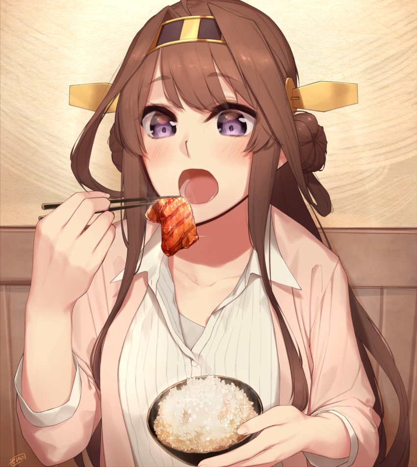 1girl ahoge alternate_costume bowl brown_hair chopsticks collarbone double_bun enosan hairband headgear highres holding holding_bowl holding_chopsticks kantai_collection kongou_(kantai_collection) long_hair long_sleeves open_mouth revision rice solo violet_eyes yakiniku