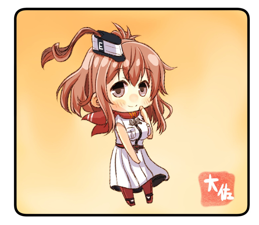 1girl artist_name blue_eyes breast_pocket breasts brown_hair chibi dress full_body highres kantai_collection large_breasts long_hair looking_at_viewer neckerchief pocket ponytail red_legwear red_neckerchief saratoga_(kantai_collection) side_ponytail simple_background smile solo taisa_(kari) white_dress yellow_background