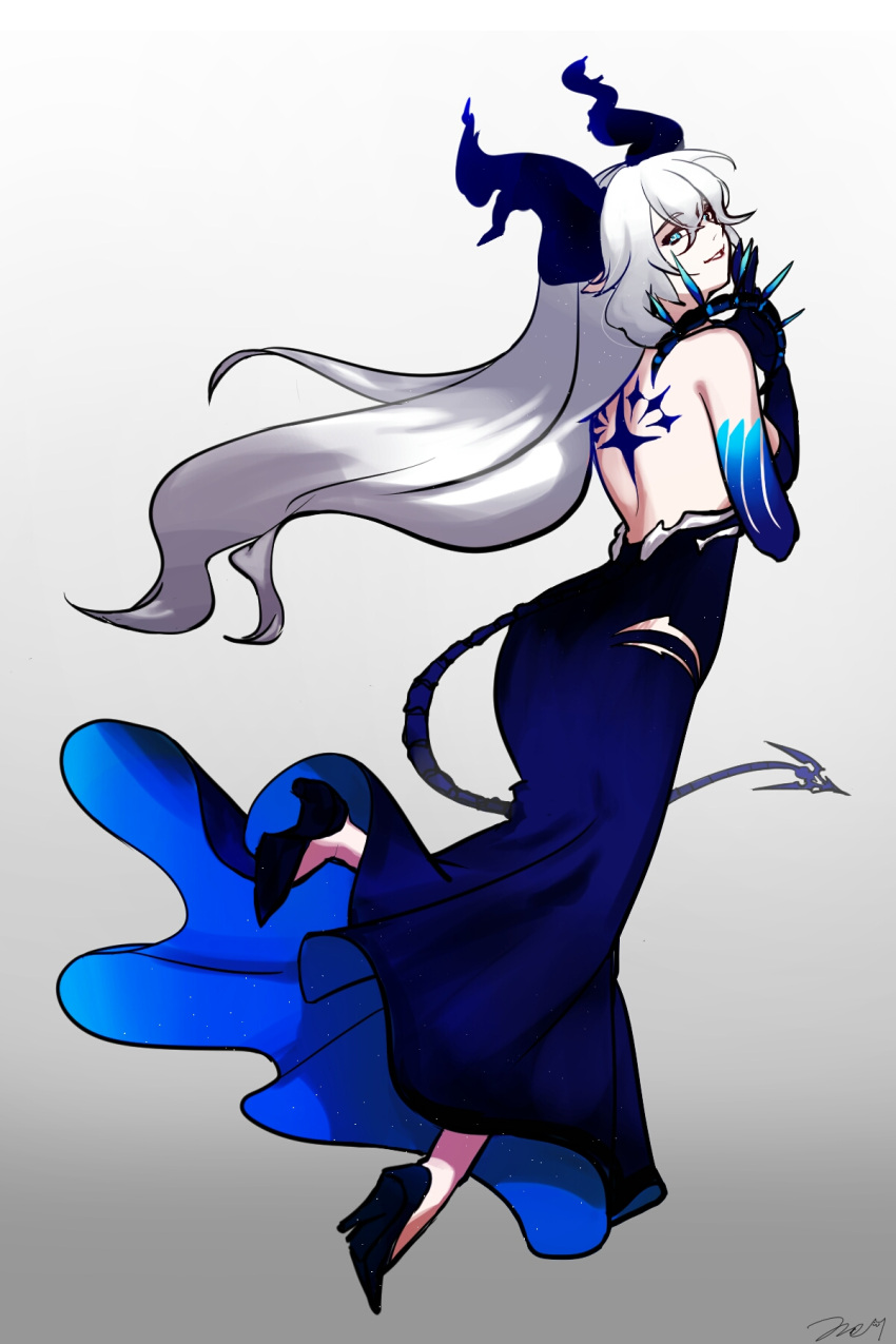 1girl back_tattoo bare_back bare_shoulders blue_dress blue_eyes diabla_(elsword) dress elsword from_behind full_body hair_between_eyes high_heels highres horns long_hair looking_at_viewer looking_back luciela_r._sourcream m.hyang open_mouth pointy_ears smile solo tail tattoo very_long_hair white_hair