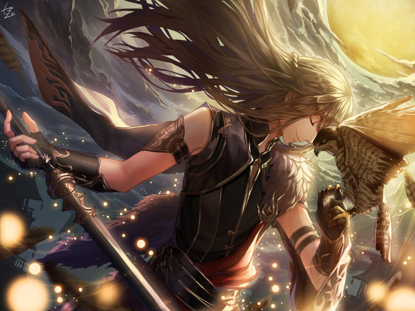 1boy architecture armlet artist_name bird black_cape black_gloves braid brown_gloves brown_hair cape closed_eyes crown_braid east_asian_architecture fingerless_gloves fur_trim gloves hawk highres holding holding_sword holding_weapon long_hair male_focus moonlight_blade night official_art outdoors solo sword tanzzi upper_body weapon