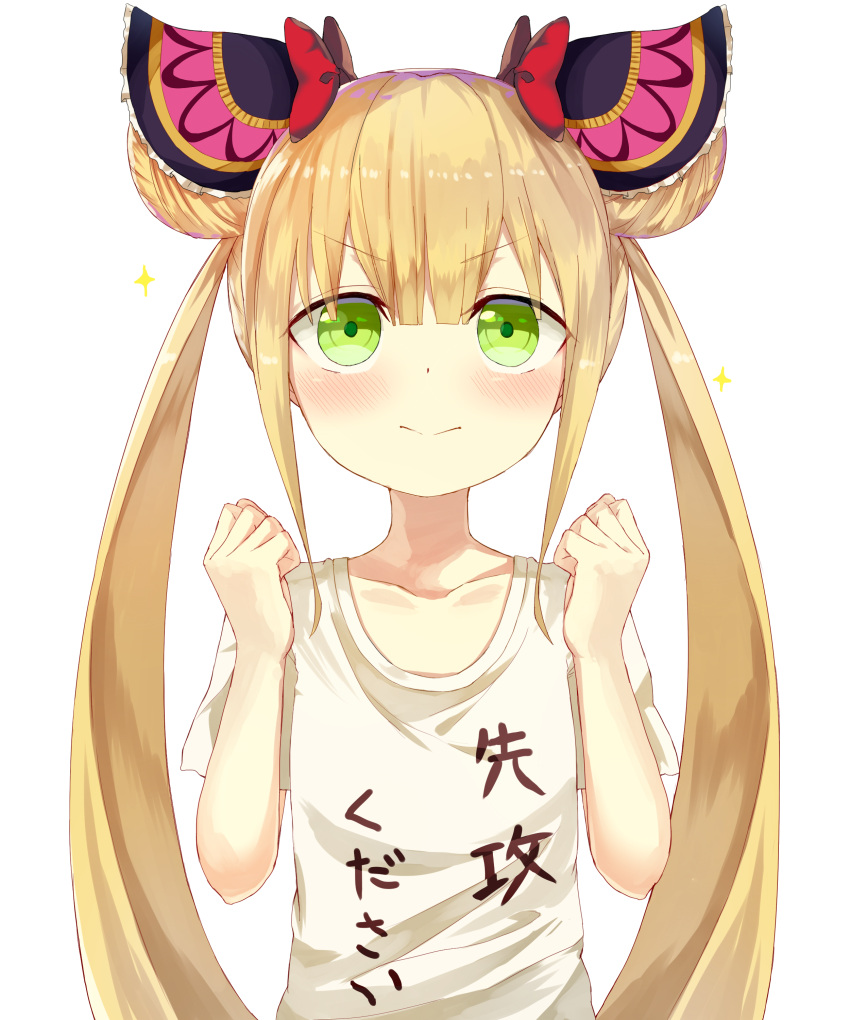 1girl absurdres bangs blonde_hair blush bow clenched_hand closed_mouth clothes_writing collarbone commentary_request double_bun eyebrows_visible_through_hair flat_chest frills green_eyes hair_bow hair_ornament highres long_hair looking_at_viewer luna_(shadowverse) red_bow shadowverse shirt short_sleeves simple_background solo sparkle t-shirt twintails upper_body very_long_hair white_background white_shirt yamato_(muchuu_paradigm)