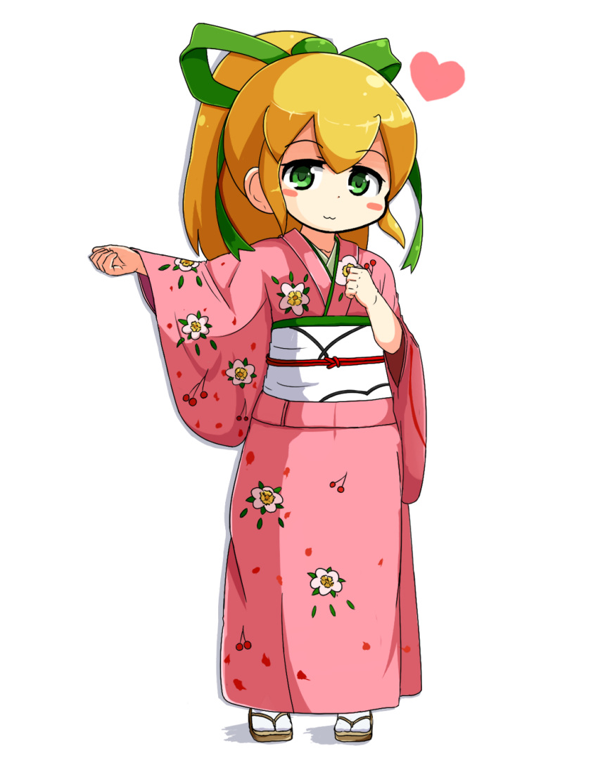1girl :3 bangs blonde_hair blush_stickers closed_mouth commentary_request flat_chest floral_print full_body geta green_eyes green_ribbon heart highres japanese_clothes kimono korutana long_hair long_sleeves looking_at_viewer obi pink_kimono ponytail print_kimono ribbon rockman rockman_(classic) roll sash shadow simple_background solo tabi white_background white_legwear wide_sleeves