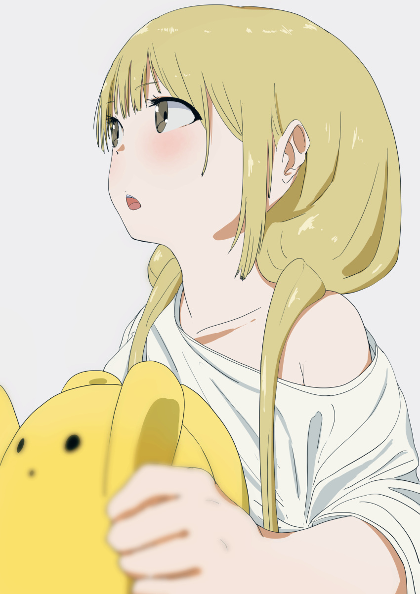 1girl :o bangs blurry blush bouen brown_eyes brown_hair depth_of_field eyebrows_visible_through_hair grey_background hair_over_shoulder highres long_hair low_twintails off_shoulder open_mouth shirt short_sleeves simple_background solo stuffed_toy twintails upper_body white_shirt wooser_(character) wooser_no_sono_higurashi