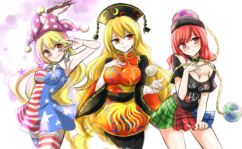 3girls absurdres american_flag_dress american_flag_legwear armpits black_shirt blonde_hair breasts chains chinese_clothes cleavage clothes_writing clownpiece collar earth_(ornament) hat headdress hecatia_lapislazuli highres hisin jester_cap junko_(touhou) long_hair moon_(ornament) multicolored multicolored_clothes multicolored_skirt multiple_girls neck_ruff orange_eyes polos_crown red_eyes redhead shirt skirt smile tabard torch touhou v very_long_hair white_background wide_sleeves