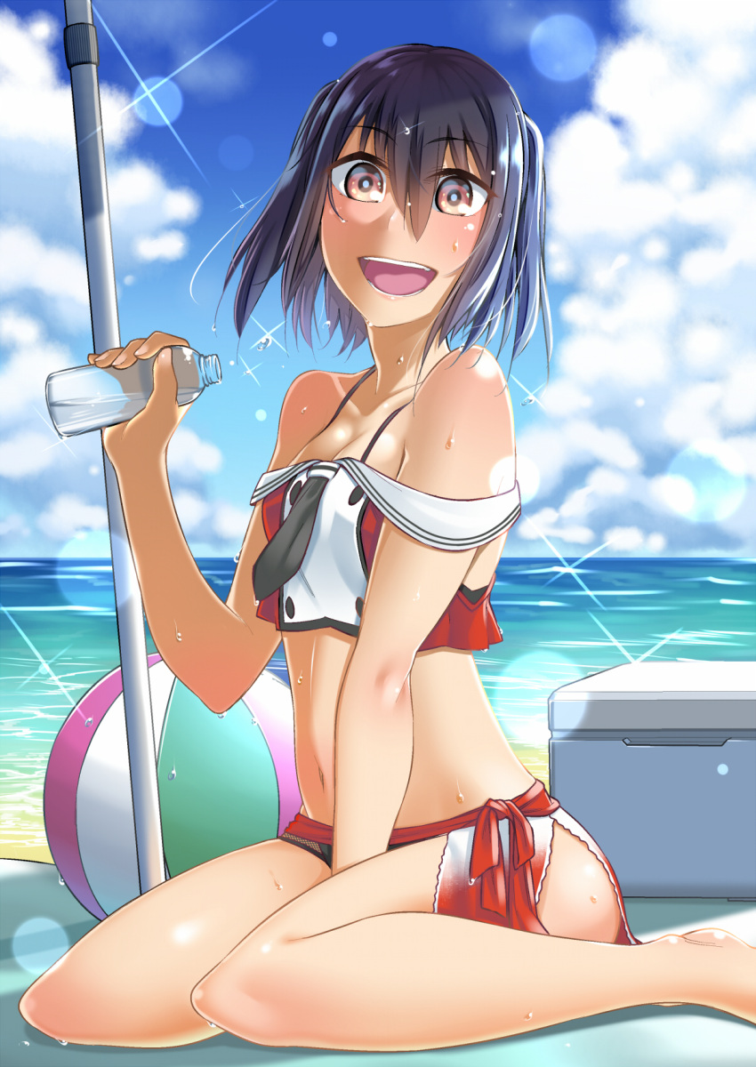1girl alternate_costume ball beach beachball black_skirt blush bottle brown_eyes brown_hair clouds highres igloo kantai_collection minobu_jentoru off_shoulder sendai_(kantai_collection) skirt sky smile snow_shelter solo sparkle sunlight sweat two_side_up water_bottle