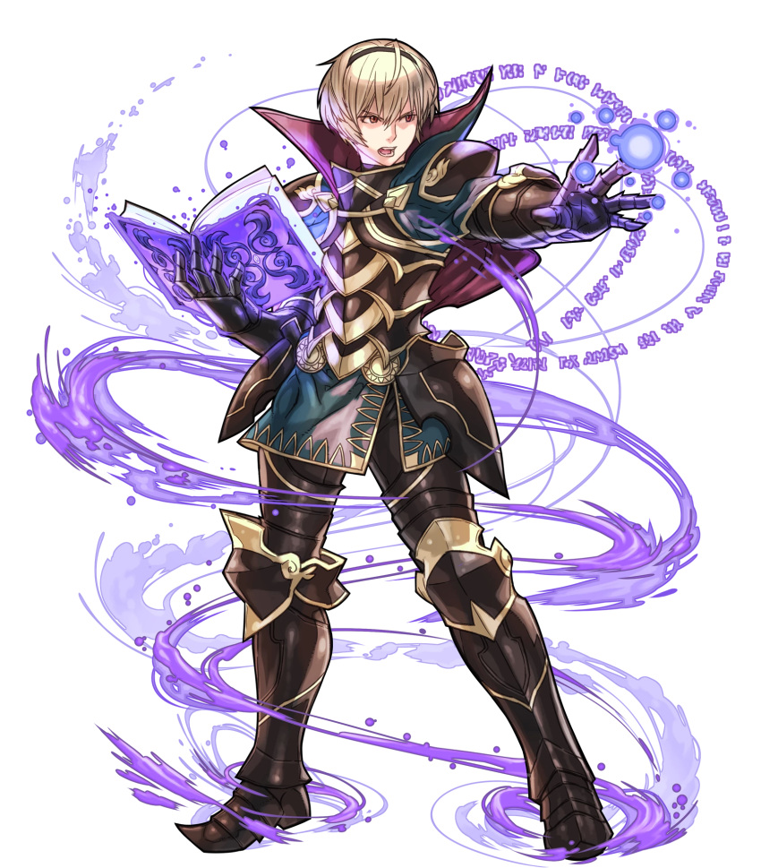 1boy armor armored_boots blonde_hair book boots cape fire_emblem fire_emblem_heroes fire_emblem_if full_body gloves hairband highres hino_shinnosuke leon_(fire_emblem_if) magic_circle male_focus official_art open_mouth red_eyes solo teeth transparent_background