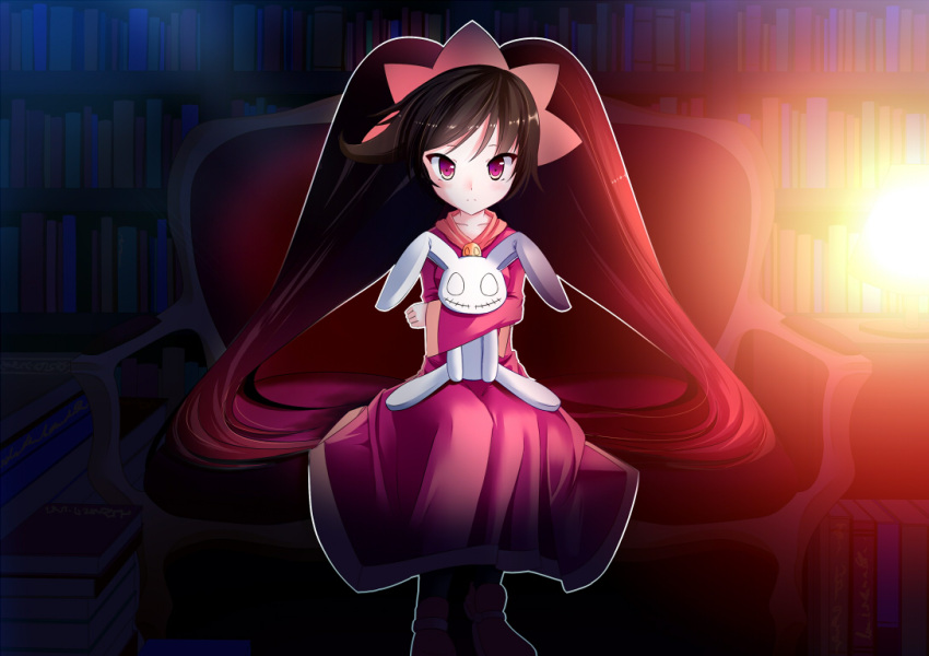 1girl ashley_(warioware) bangs big_hair black_hair black_legwear blush book_stack bookshelf closed_mouth collarbone couch dress hairband indoors lamp light long_hair long_sleeves looking_at_viewer maritchi night object_hug orange_hairband pantyhose red_dress red_eyes shoes sitting solo stuffed_animal stuffed_bunny stuffed_toy twintails very_long_hair warioware wide_sleeves