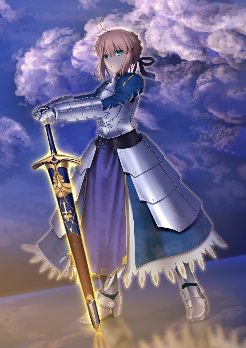 1girl absurdres ahoge armor armored_dress artoria_pendragon_(all) blonde_hair blue_dress blue_ribbon breastplate caliburn closed_mouth clouds cloudy_sky dress dutch_angle fate/stay_night fate_(series) faulds full_body gauntlets glowing glowing_sword glowing_weapon green_eyes hair_between_eyes hair_ribbon highres holding holding_sword holding_weapon juliet_sleeves kuraka legs_apart long_sleeves looking_at_viewer outdoors puffy_sleeves reflective_floor ribbon saber serious sheath sheathed short_hair sidelocks sky solo standing sword weapon