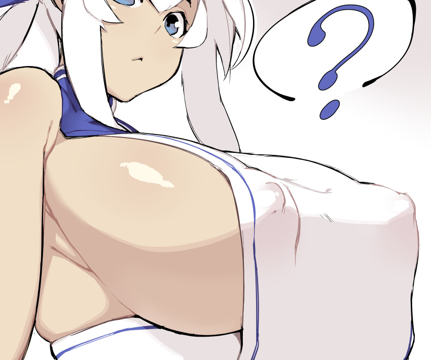 1girl ? absurdres breasts dark_skin erect_nipples glo-s-s highres huge_breasts kamoi_(kantai_collection) kantai_collection looking_at_viewer no_bra out_of_frame sideboob sidelocks skindentation solo spoken_question_mark upper_body white_hair