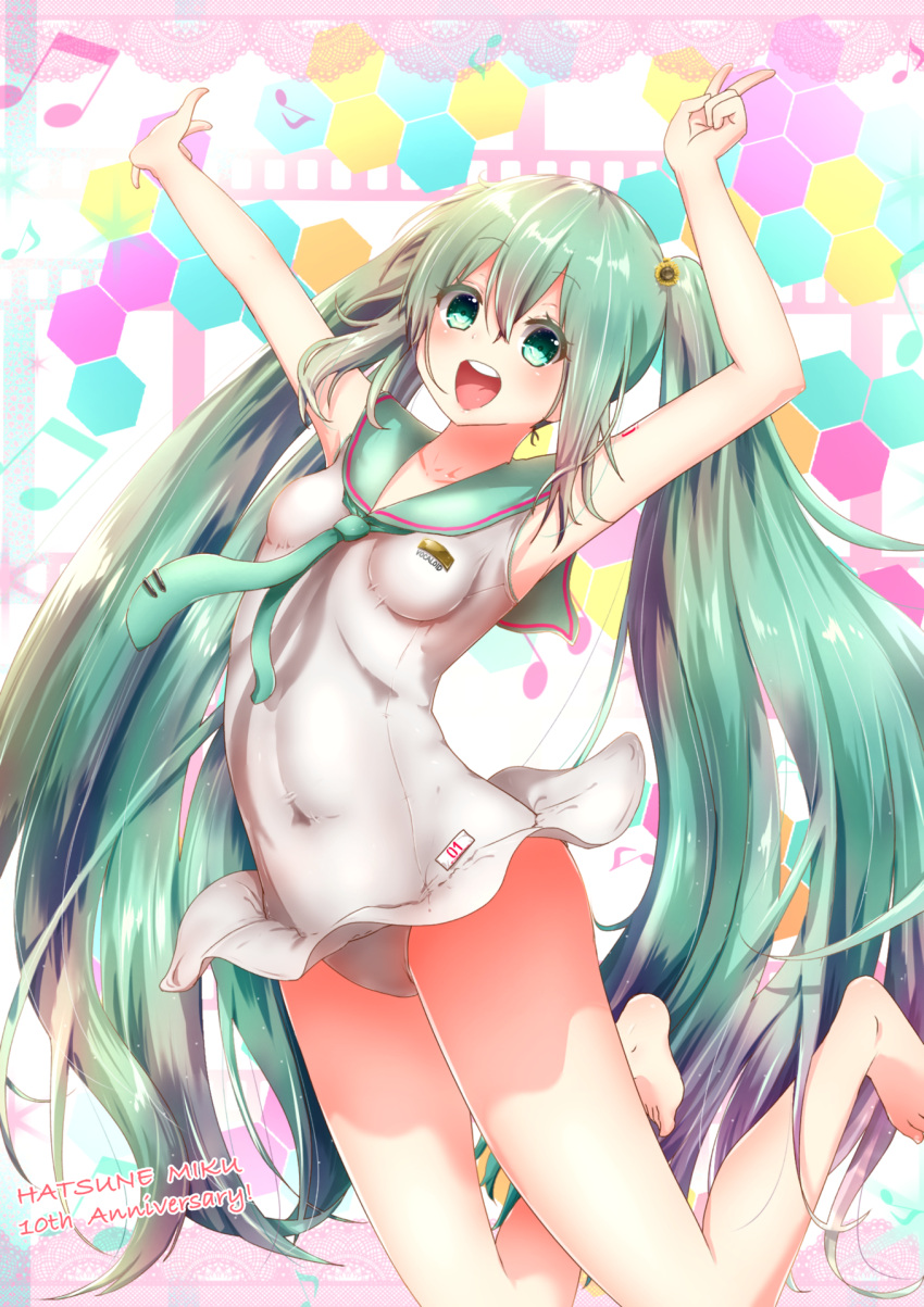 1girl anniversary arms_up barefoot breasts character_name covered_navel eyebrows_visible_through_hair green_eyes green_hair hatsune_miku highres jumping long_hair looking_at_viewer musical_note open_mouth raayu_(0u_rayu) sailor_collar small_breasts solo twintails v very_long_hair vocaloid