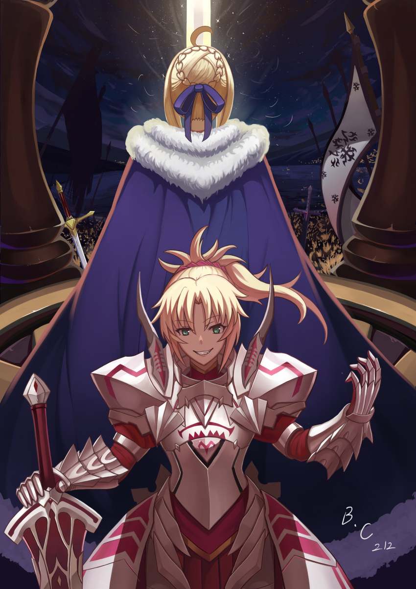 2girls absurdres ahoge armor artoria_pendragon_(all) blackcat12 blonde_hair blue_ribbon blush eyebrows_visible_through_hair fate/apocrypha fate_(series) green_eyes hair_ribbon highres holding holding_sword holding_weapon looking_at_viewer looking_away multiple_girls parted_lips ribbon saber saber_of_red short_hair short_ponytail smile sword teeth weapon