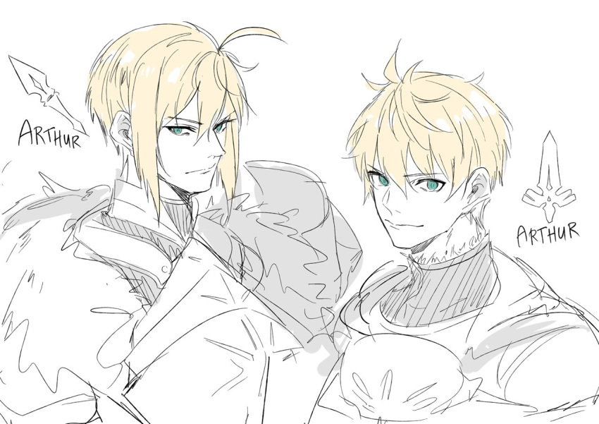 2boys ahoge armor artoria_pendragon_(all) artoria_pendragon_(lancer) blonde_hair character_name dual_persona fate/grand_order fate/prototype fate_(series) green_eyes male_focus multiple_boys older pvc_parfait saber_(fate/prototype) short_hair sidelocks simple_background sketch upper_body white_background