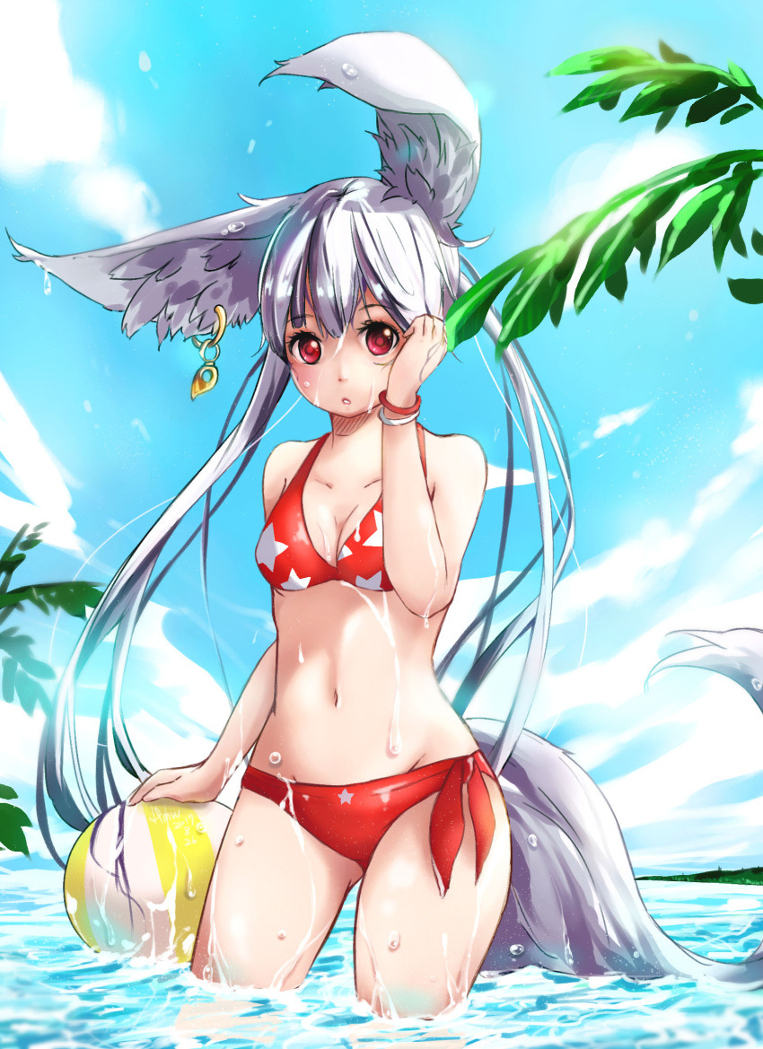 1girl animal_ears arm_at_side ball bangs beachball bikini blade_&amp;_soul blue_sky bracelet breasts cleavage contrapposto day ear_piercing gold grey_hair hand_on_own_face highres hmw_(pixiv7054584) jewelry leaf long_hair looking_at_viewer medium_breasts navel piercing red_bikini red_eyes sky solo standing star star_print stomach sunlight swimsuit tail very_long_hair wading water wet